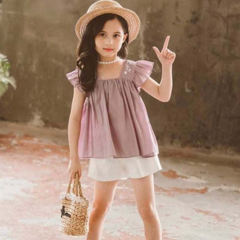 Girls Summer Fashionable Western Style Short-Sleeved Two-Piece Set