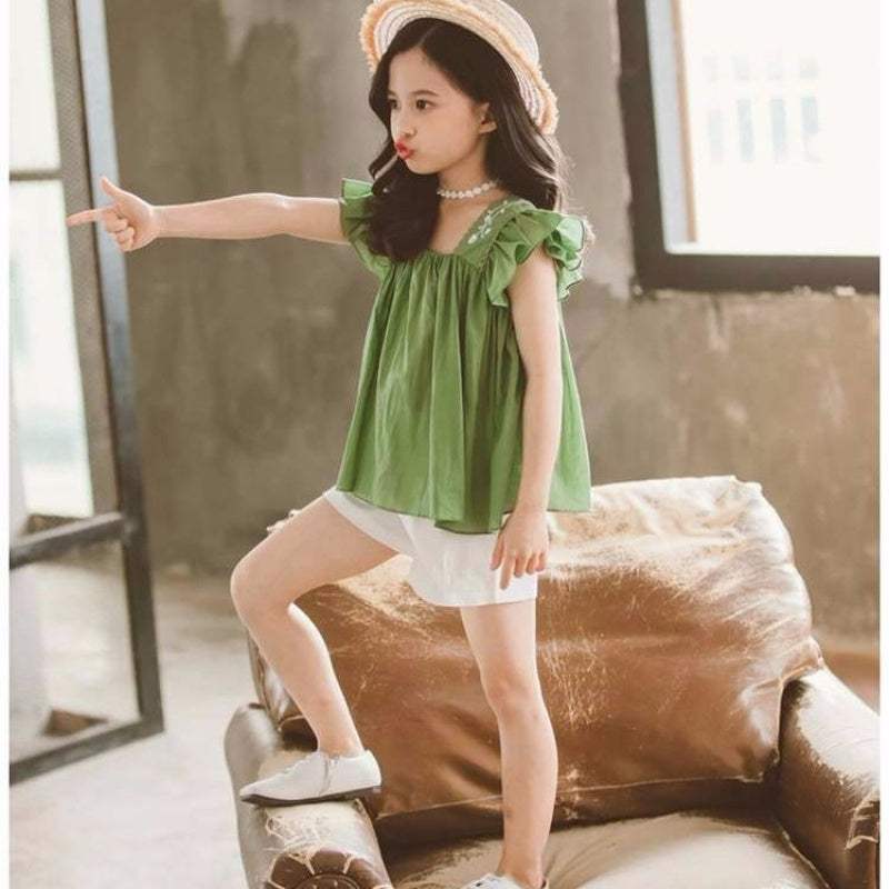 Girls Summer Fashionable Western Style Short-Sleeved Two-Piece Set