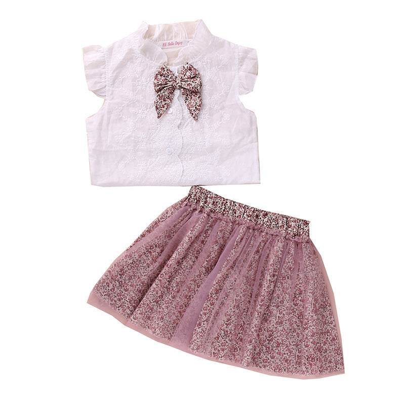 Trending Bowknot Shirt Floral Mesh Skirt 2pc Set