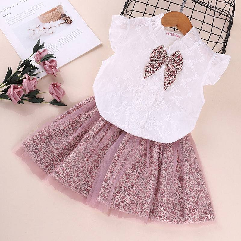 Trending Bowknot Shirt Floral Mesh Skirt 2pc Set