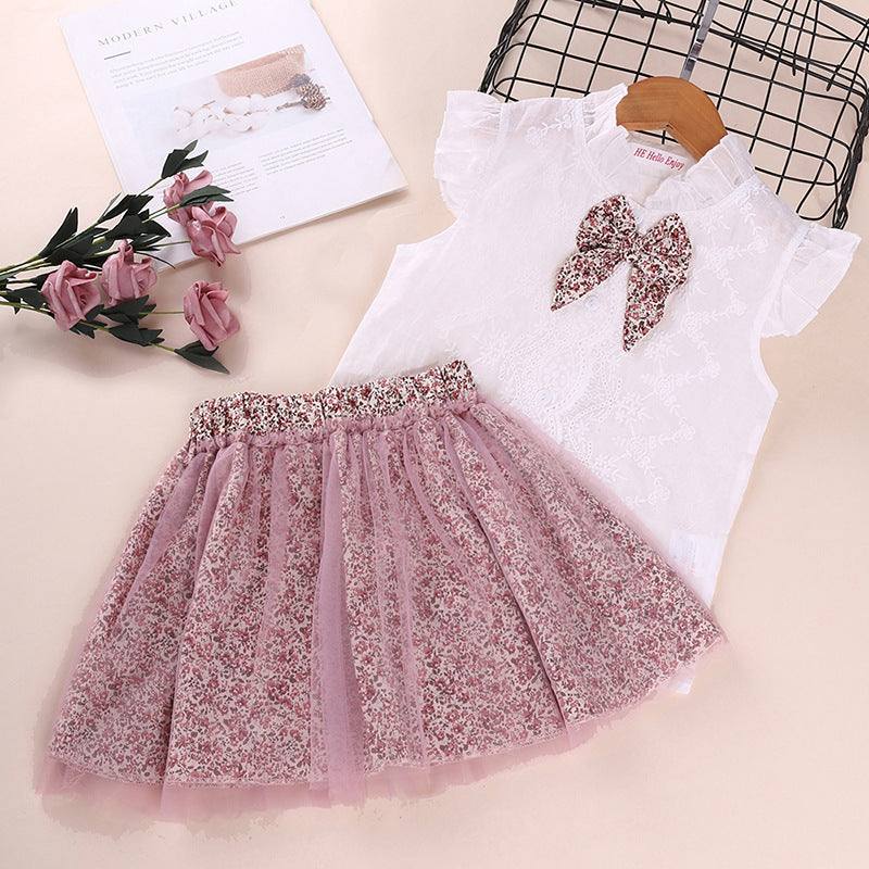 Korean style 2pc set with bowknot shirt and floral mesh skirt for girls aged 3-8.