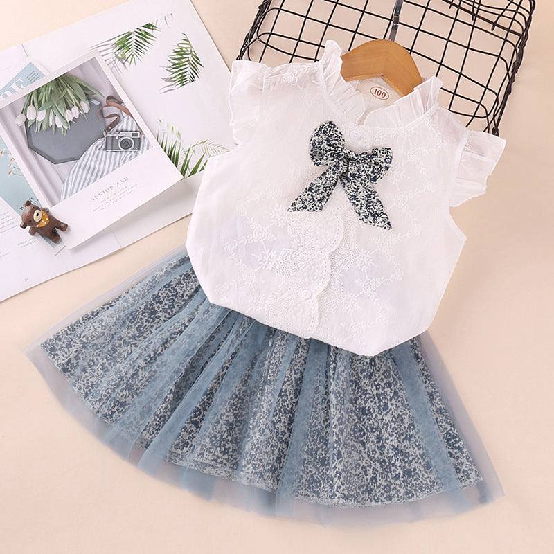 Trending Bowknot Shirt Floral Mesh Skirt 2pc Set