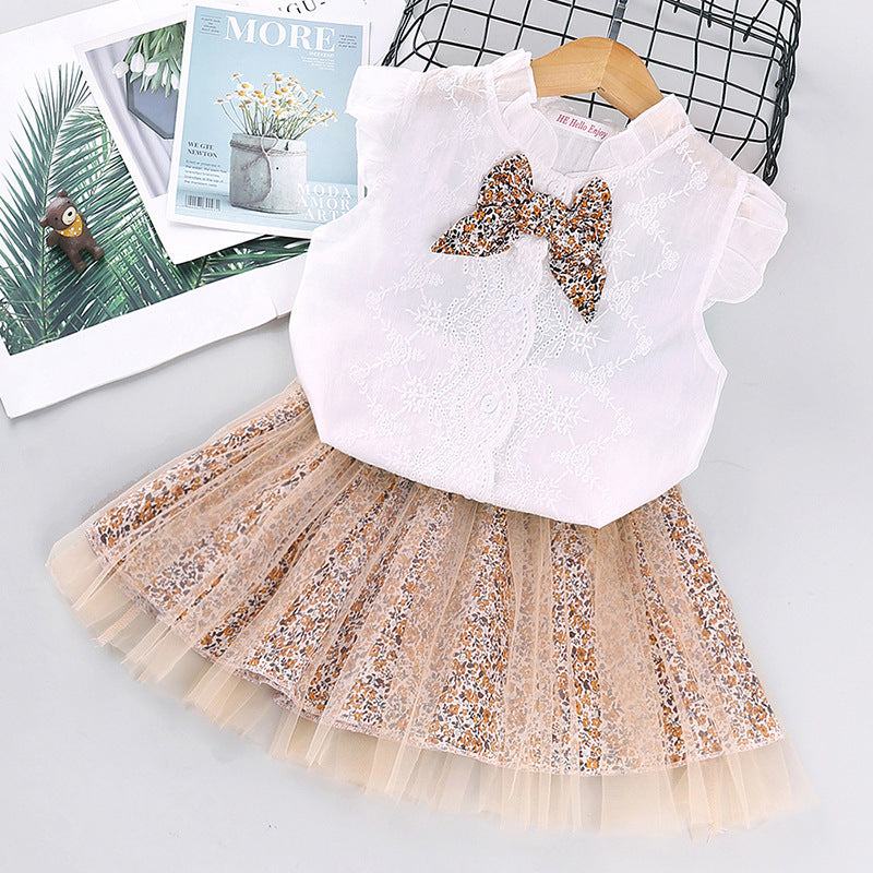 Trending Bowknot Shirt Floral Mesh Skirt 2pc Set