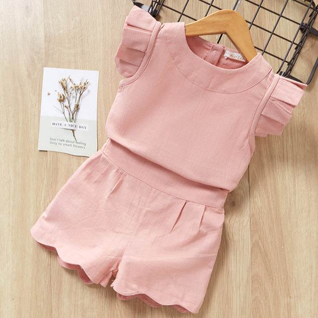 Pink girls' shirt and shorts suit set for children over 8; suitable for various heights.