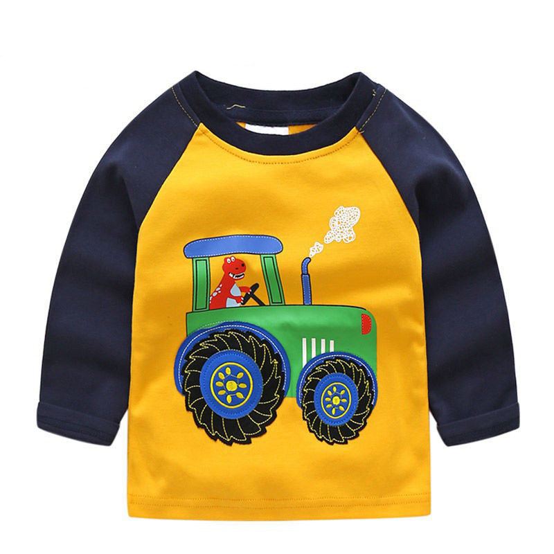 Boys Long Sleeve Cotton Cars Trucks Bus Striped Shirt