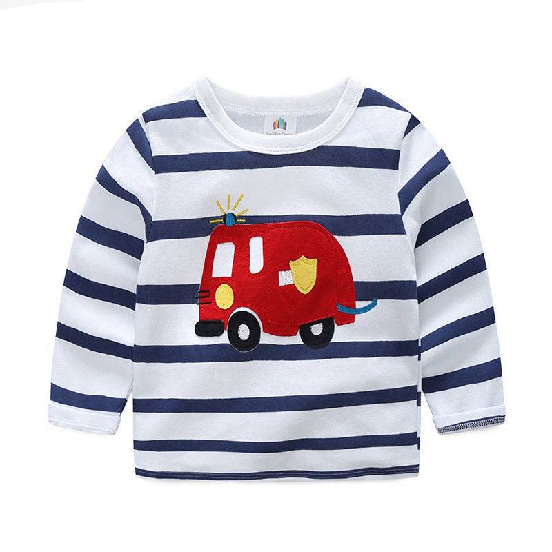 Boys Long Sleeve Cotton Cars Trucks Bus Striped Shirt