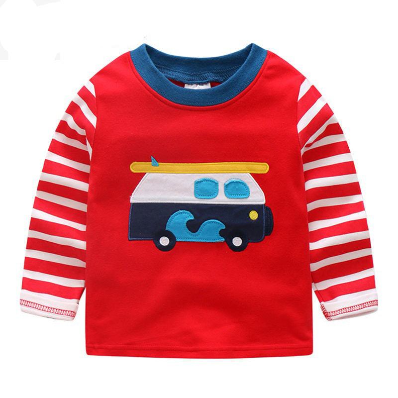 Boys Long Sleeve Cotton Cars Trucks Bus Striped Shirt