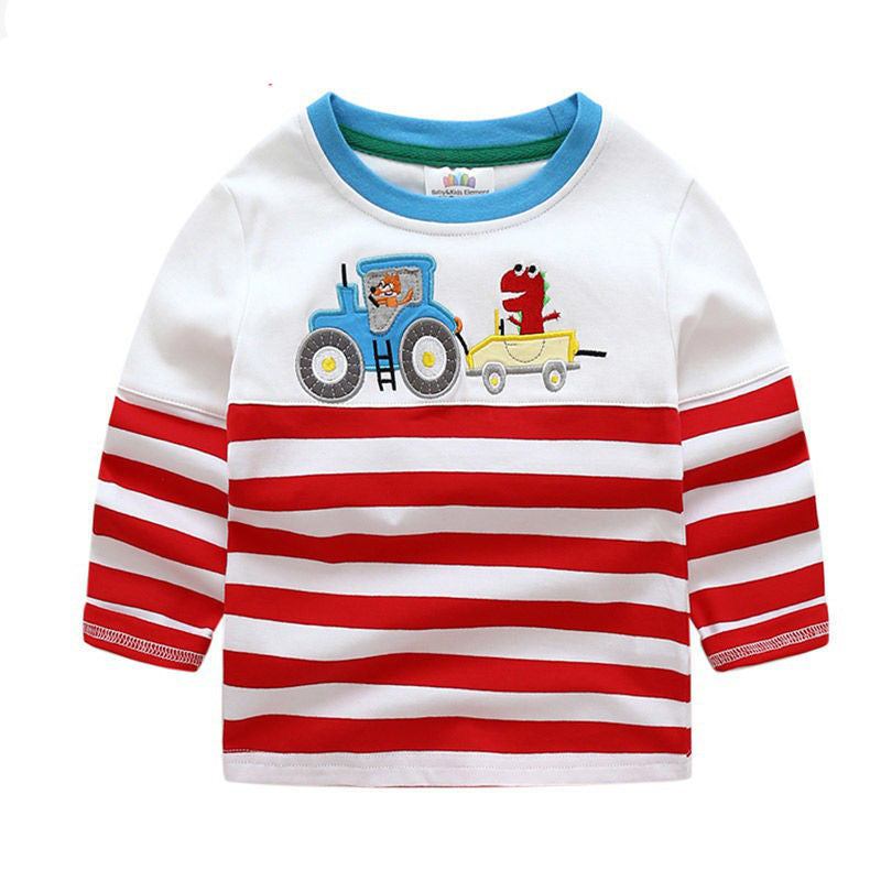 Boys Long Sleeve Cotton Cars Trucks Bus Striped Shirt