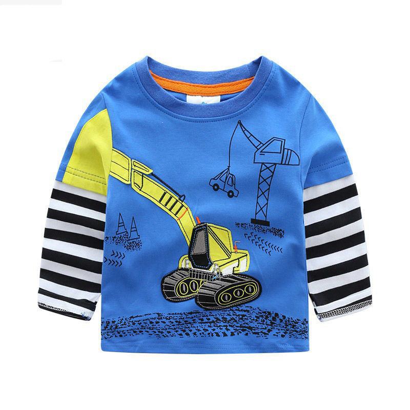 Boys Long Sleeve Cotton Cars Trucks Bus Striped Shirt