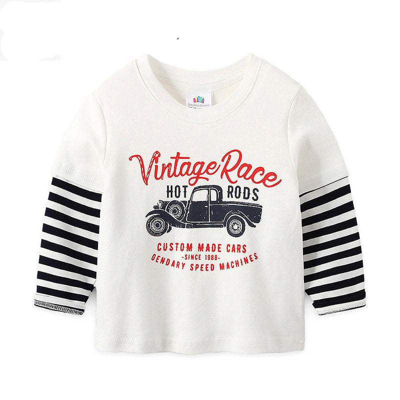 Boys Long Sleeve Cotton Cars Trucks Bus Striped Shirt
