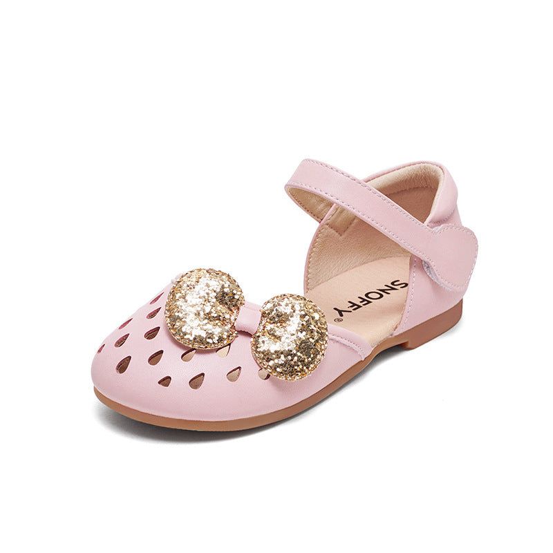 Girls Glitter Bow Sandal Soft Sole - Princess Style Hole Shoes