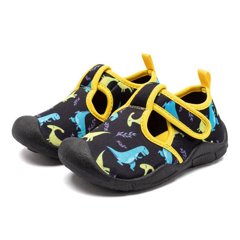 Kids breathable Velcro summer beach shoes with dinosaur pattern and black-yellow color.