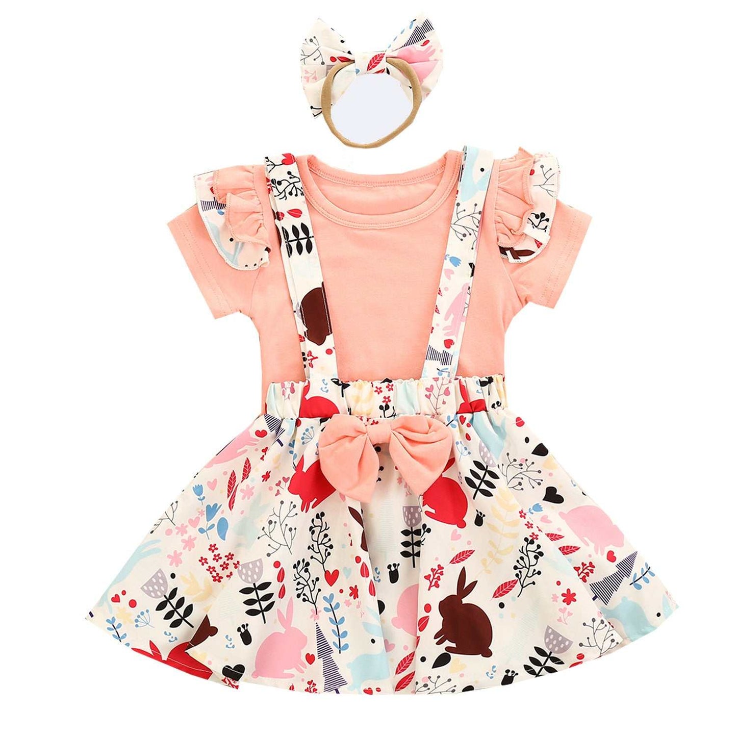 Girls Short Sleeve Bow Suspenders Dress Cute Design 3 piece Set
