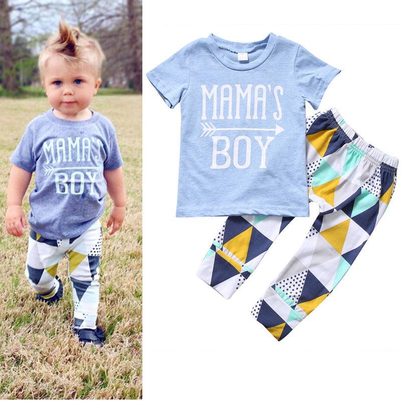 Neutral gender baby two-piece set with "Mama's Boy" blue shirt and geometric pants for ages 1-3.