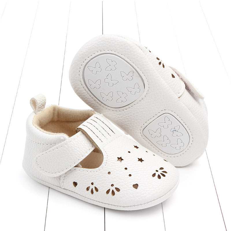 Non-slip toddler shoes with semi rubber sole and Velcro strap, solid white, cute design for boys and girls.