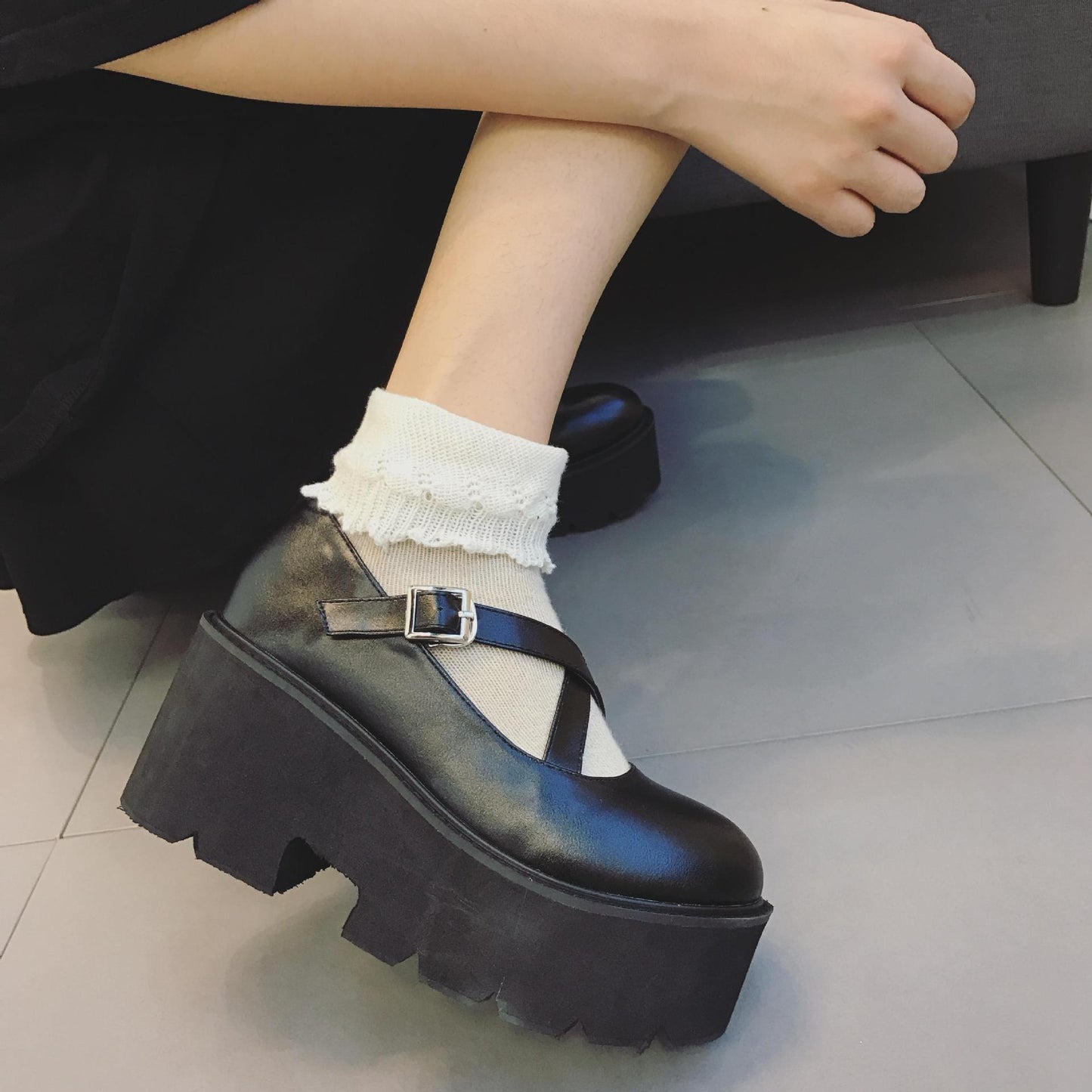 Japanese Soft Girl Cross Buckle Strap Leather Shoes