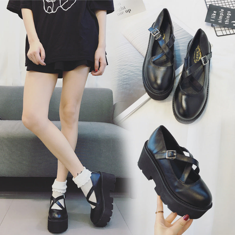 Japanese Soft Girl Cross Buckle Strap Leather Shoes