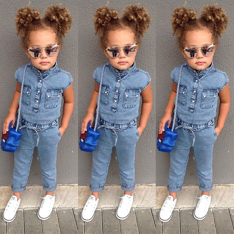 Girls Denim Short Sleeve Romper Pants Jumpsuit