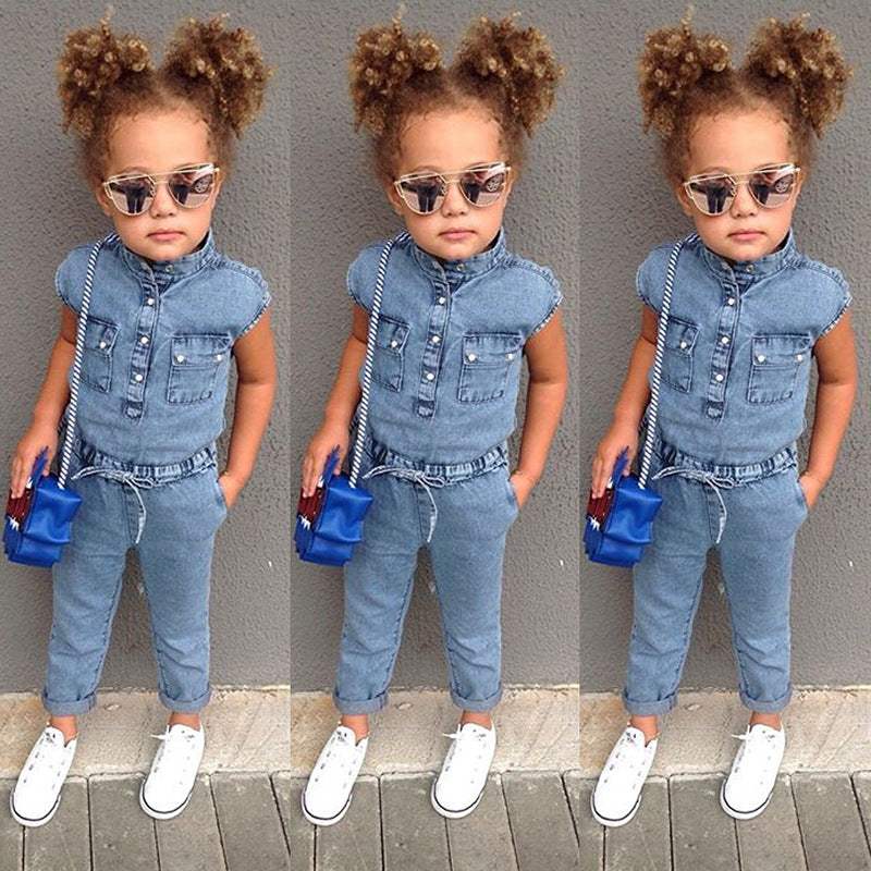 Girls Denim Short Sleeve Romper Pants Jumpsuit