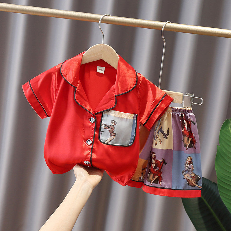 Boys and Girls Short-Sleeved Ice Silk Pajamas Set