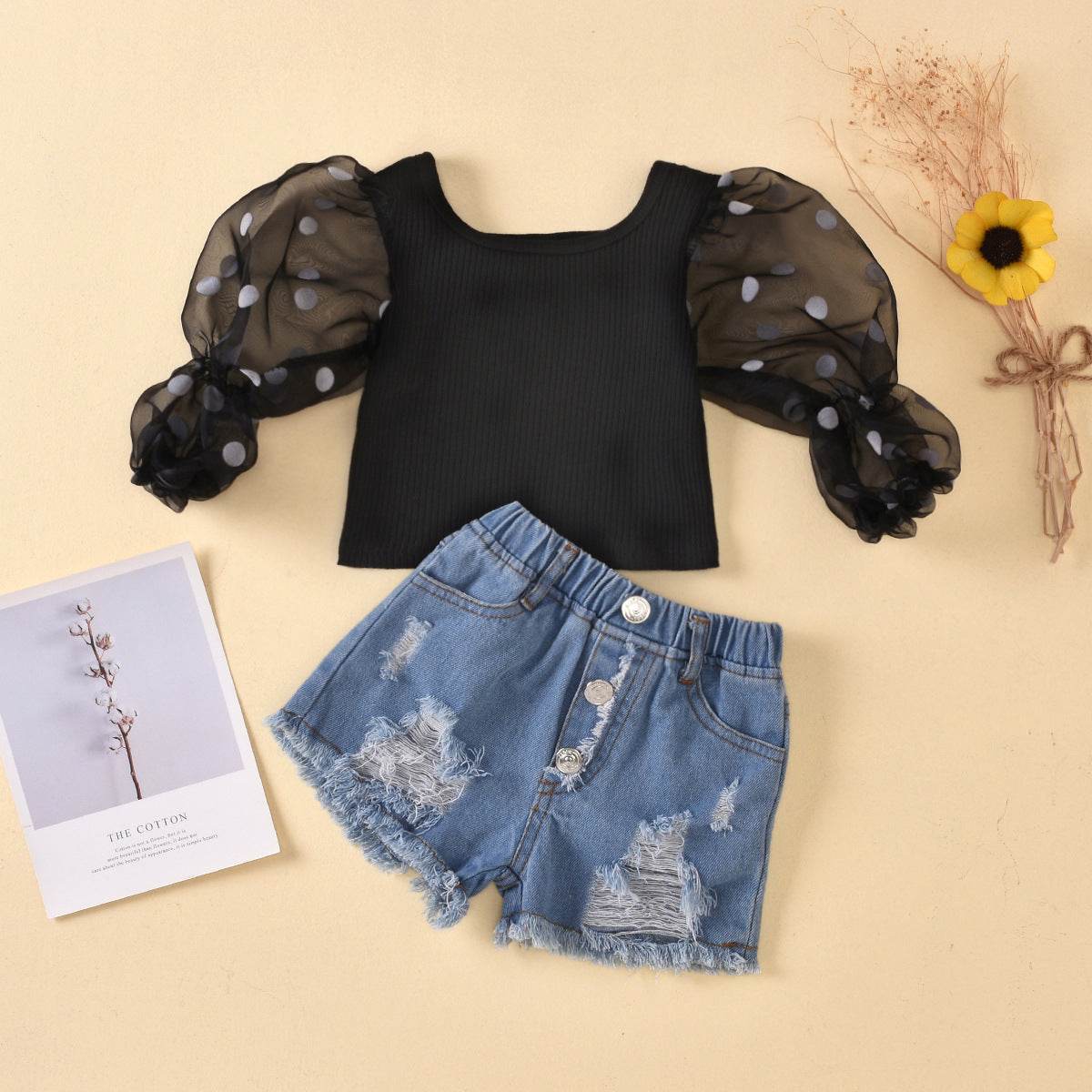Girls Dot Mesh Sleeves Top Ripped Denim Shorts Set