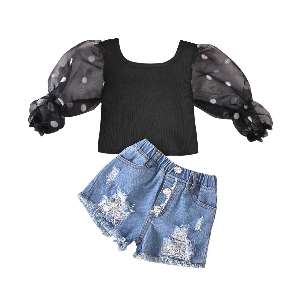 Girls Dot Mesh Sleeves Top Ripped Denim Shorts Set