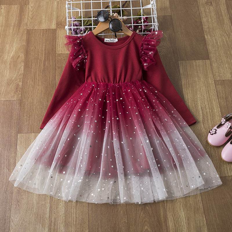 Girl's mesh fluffy dress with starry sky pattern, red color, princess style.