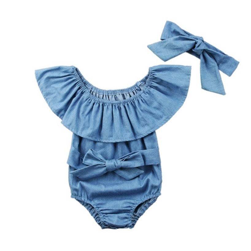 Blue denim romper for summer baby girl with matching headband.