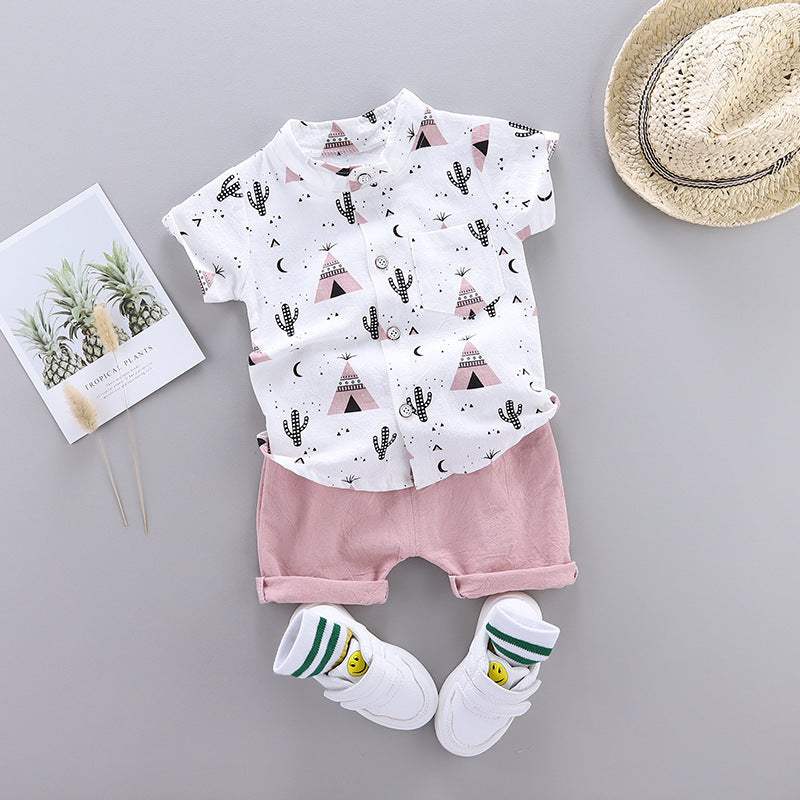 Stand-Up Collar Tent Shirt Kids Short Sleeves Set