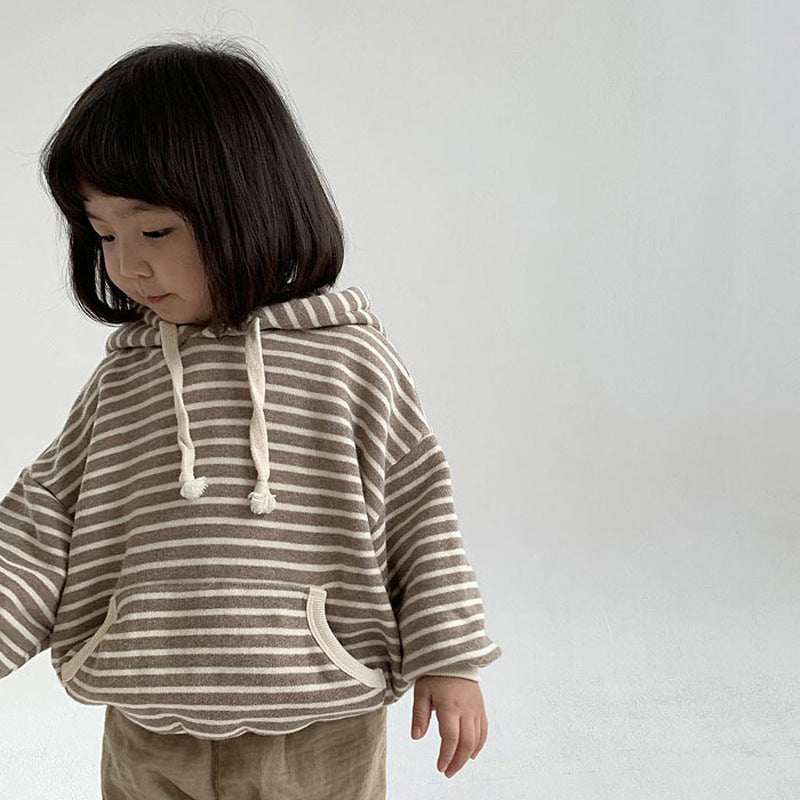Infant wearing light brown striped baby hoodie with hood, suitable for 1-3 years old.