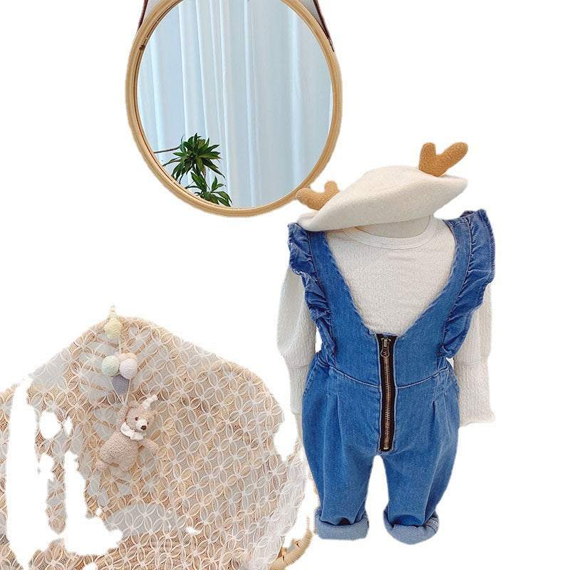 Light blue cotton overalls for infant girls aged 1-3, featuring a loose fit design.