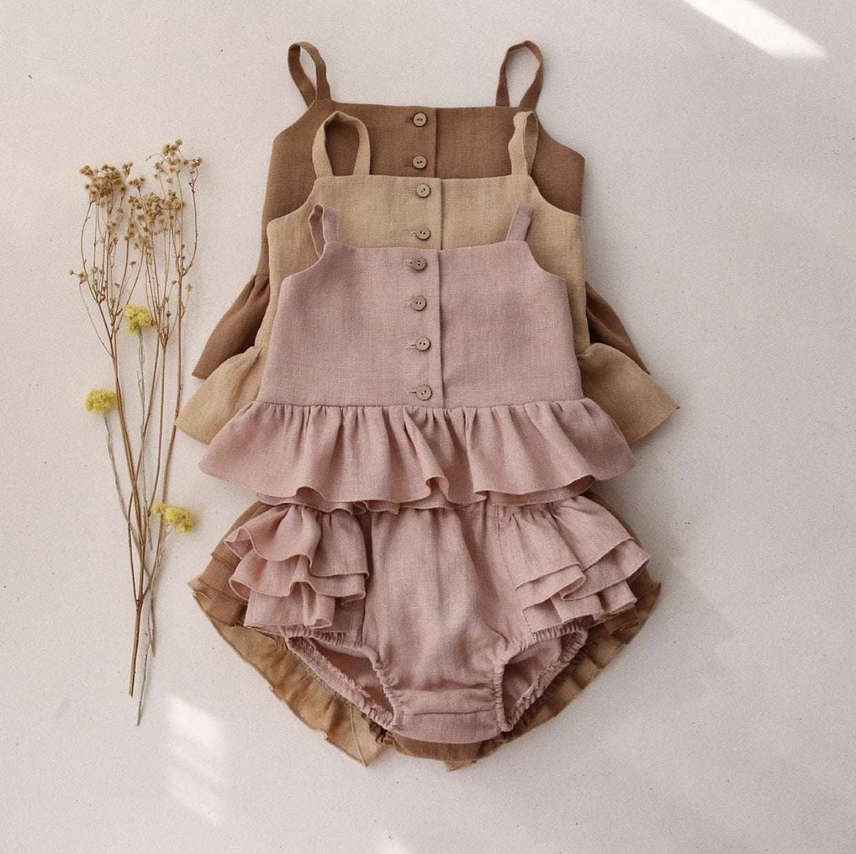 Infant Baby Summer Sling Top Four-corner Ruffled Shorts Two-piece