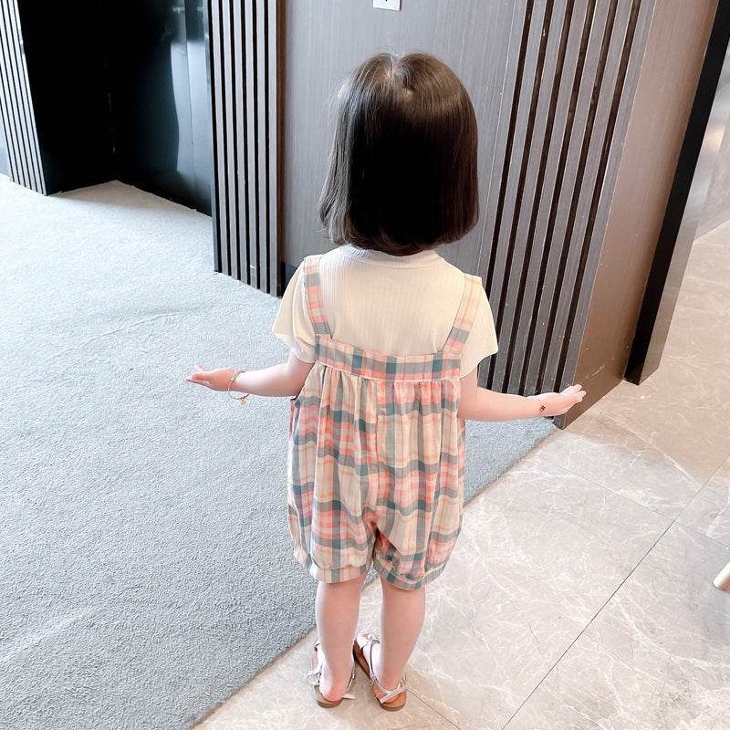 Plaid Bib Shorts Jumpsuit 2pc Set