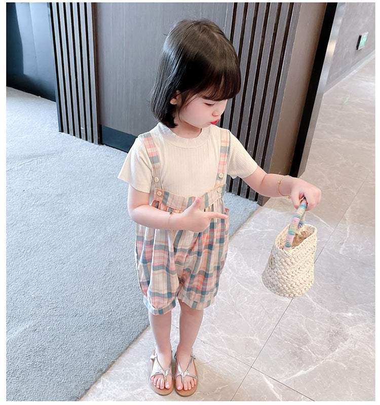 Plaid Bib Shorts Jumpsuit 2pc Set