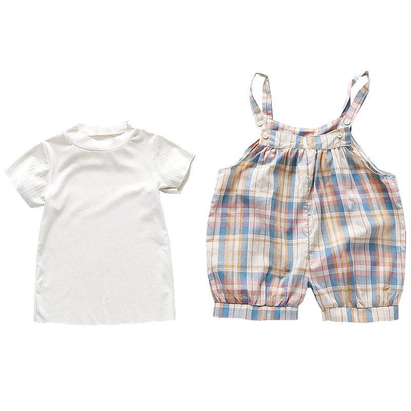 Plaid Bib Shorts Jumpsuit 2pc Set