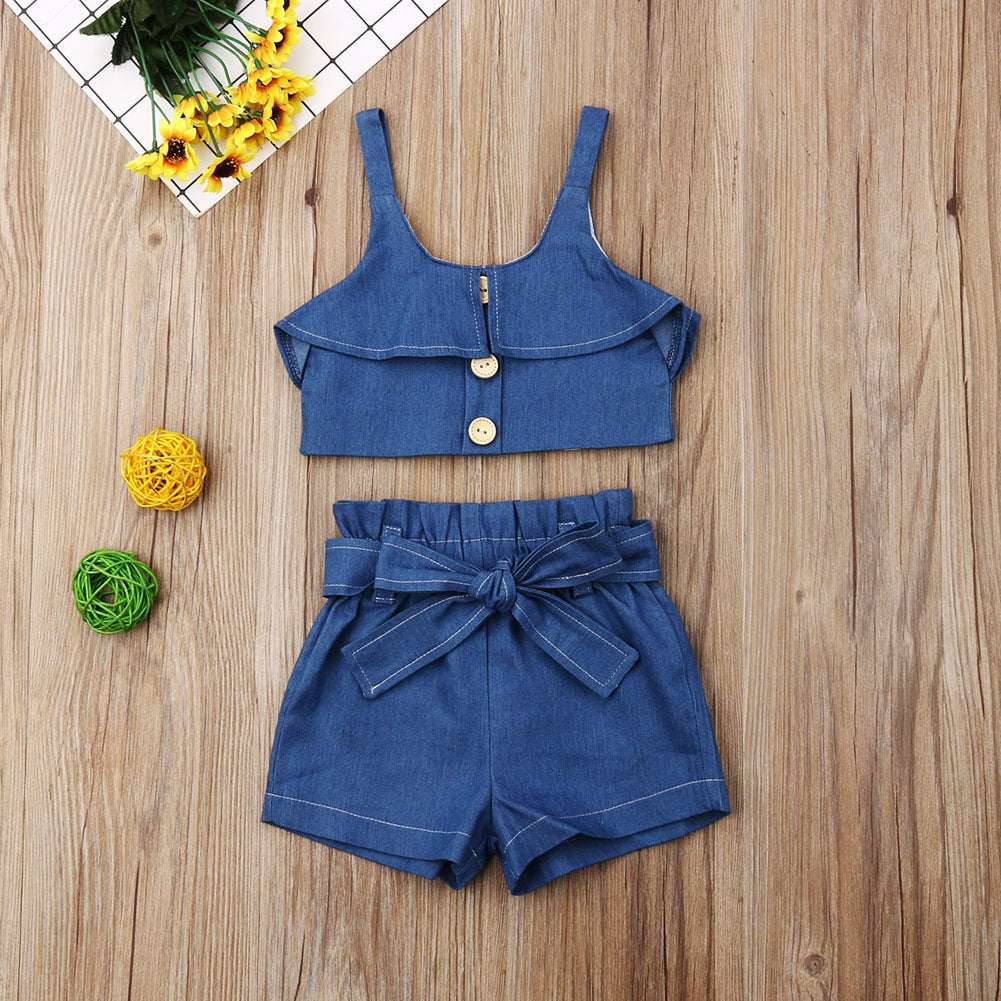 Girls suspender skirt Wooden Button Halter top 2pc Set