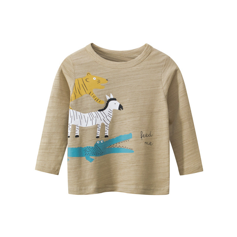 Neutral boys long sleeve T-shirt with playful animal print for spring and autumn wear.