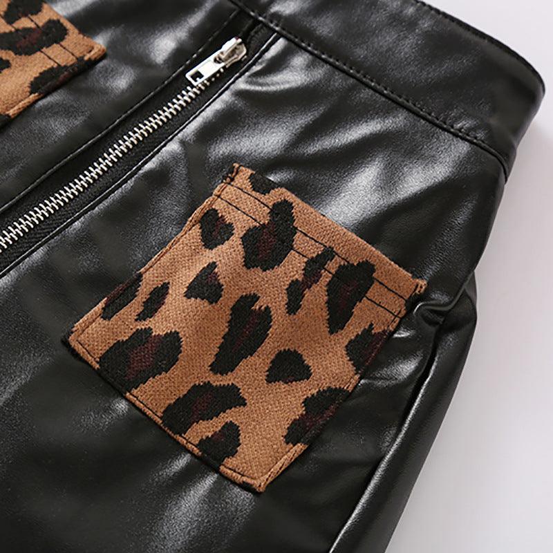 Brown Leopard Print Yarn-dyed Leather Skirt With Zipper Two-piece Set