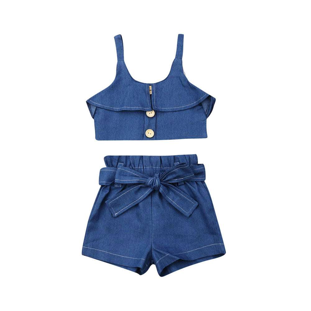 Girls suspender skirt Wooden Button Halter top 2pc Set