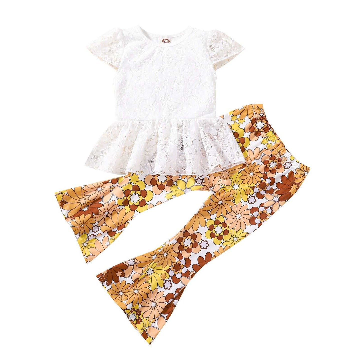 Girls Short-sleeved Top Bell-bottom Pants Two-piece Set