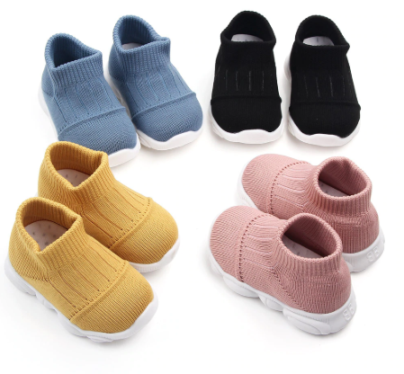 Baby girls and boys casual mesh shoes in blue, black, yellow, and pink.