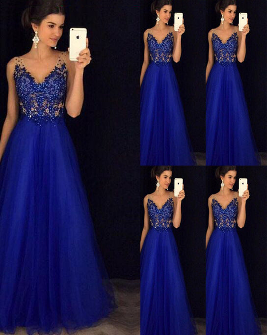 Blue Backless Beaded Ball Elegant Long Dress