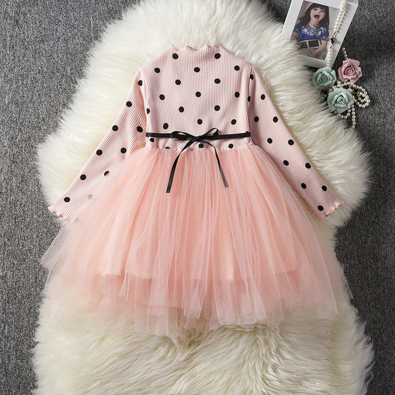 Girls long sleeve polka dot top with pink tutu dress for ages 3-8, polyester fabric.