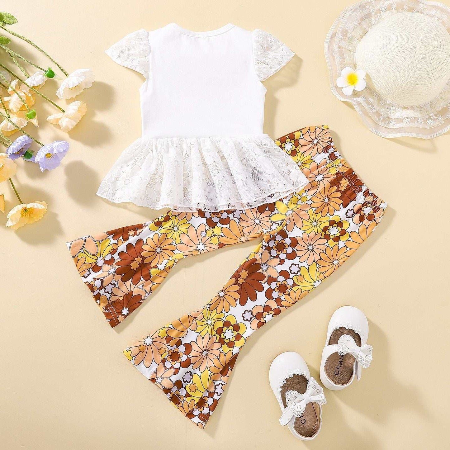 Girls Short-sleeved Top Bell-bottom Pants Two-piece Set