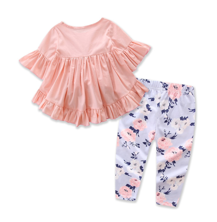 Toddler Baby Girls Cotton Blouse Top flower pants 2pc Set