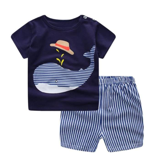 Children's cartoon short sleeve two-piece set with whale design, suitable for infants aged 1-3, ideal for summer.