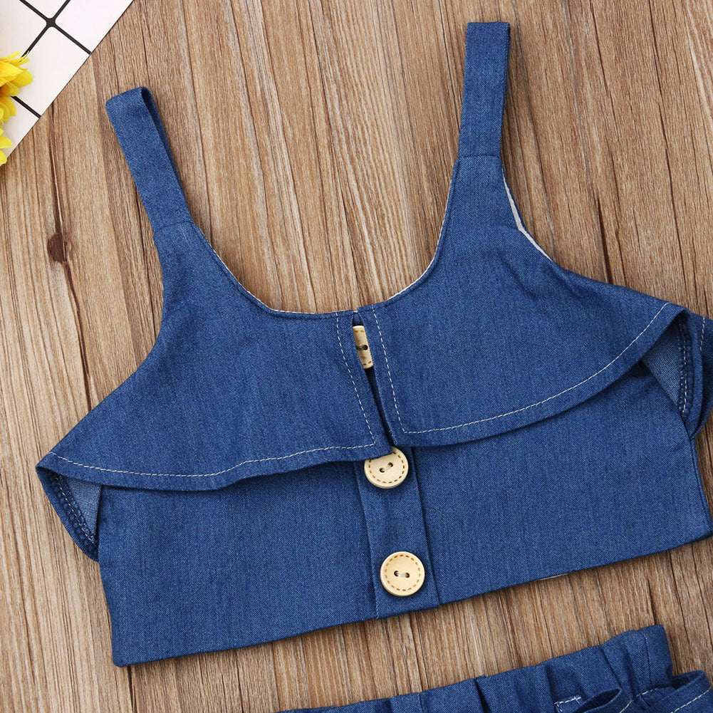 Girls suspender skirt Wooden Button Halter top 2pc Set