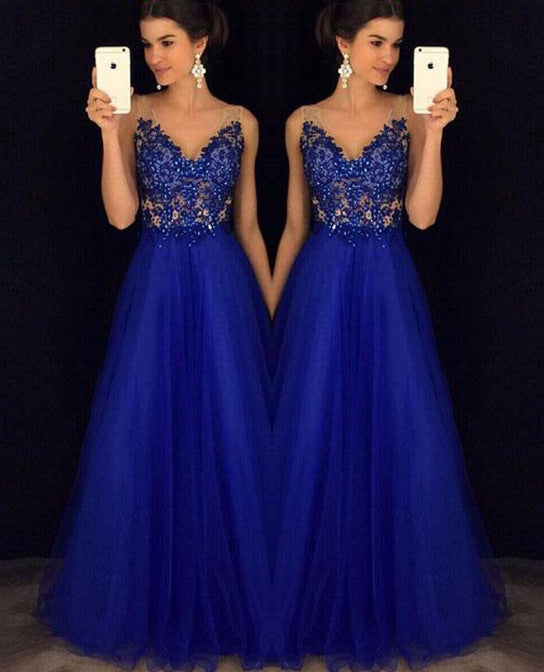 Blue Backless Beaded Ball Elegant Long Dress