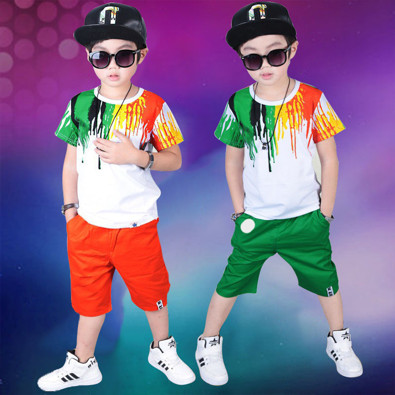 Boys drip clothing set with short sleeves and shorts in green and orange, 95% cotton.