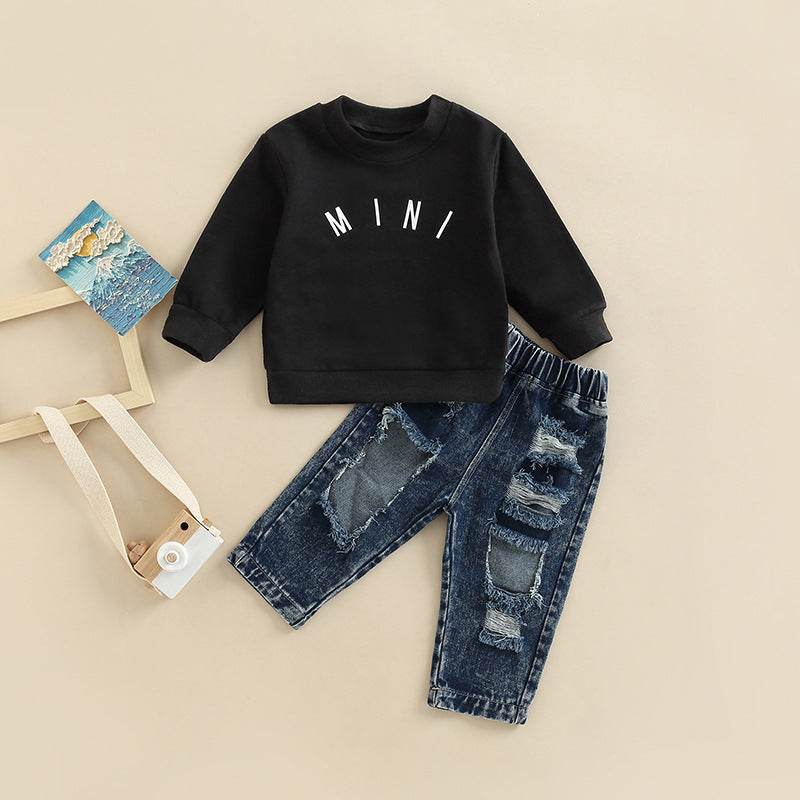 Children's denim letter long sleeve two-piece set in black cotton, featuring a top with "MINI" lettering and distressed jeans, suitable for heights 80-120cm.